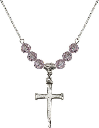 18" Rhodium Plated Necklace with 4mm Light Amethyst Crystal Beads featuring a Sterling Silver Nail Cross Medal.