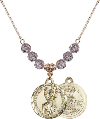 18" Hamilton Gold Plated Necklace with 4mm Light Amethyst Crystal Beads featuring a 14kt Gold Filled Saint Christopher / Air Force Medal.