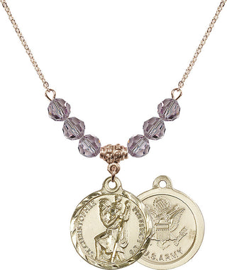 18" Hamilton Gold Plated Necklace with 4mm Light Amethyst Crystal Beads featuring a 14kt Gold Filled Saint Christopher / Army Medal.