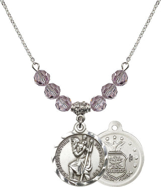 18" Rhodium Plated Necklace with 4mm Light Amethyst Crystal Beads featuring a Sterling Silver Saint Christopher / Air Force Medal.