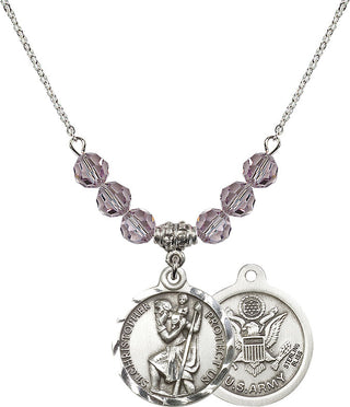 18" Rhodium Plated Necklace with 4mm Light Amethyst Crystal Beads featuring a Sterling Silver Saint Christopher / Army Medal.