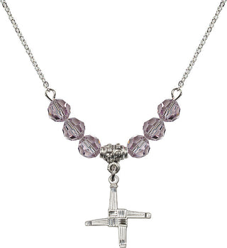 18" Rhodium Plated Necklace with 4mm Light Amethyst Crystal Beads featuring a Sterling Silver Saint Brigid Cross Medal.
