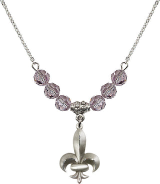 18" Rhodium Plated Necklace with 4mm Light Amethyst Crystal Beads featuring a Sterling Silver Fleur de Lis Medal.