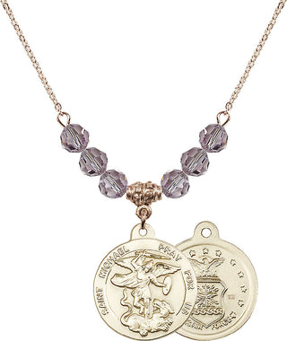 18" Hamilton Gold Plated Necklace with 4mm Light Amethyst Crystal Beads featuring a 14kt Gold Filled Saint Michael / Air Force Medal.
