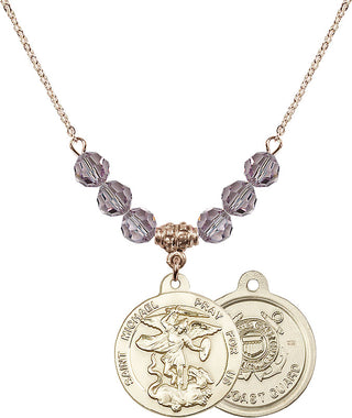 18" Hamilton Gold Plated Necklace with 4mm Light Amethyst Crystal Beads featuring a 14kt Gold Filled Saint Michael / Coast Guard Medal.