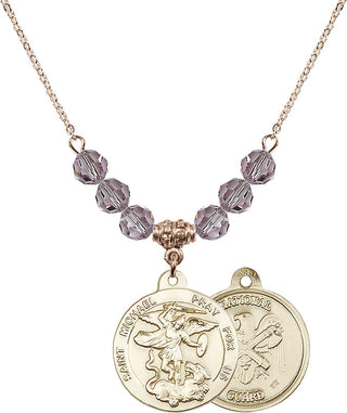 18" Hamilton Gold Plated Necklace with 4mm Light Amethyst Crystal Beads featuring a 14kt Gold Filled Saint Michael / Nat'l Guard Medal.