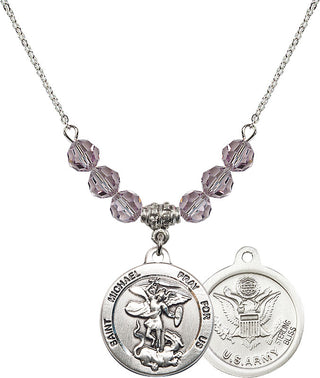 18" Rhodium Plated Necklace with 4mm Light Amethyst Crystal Beads featuring a Sterling Silver Saint Michael / Army Medal.