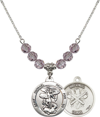 18" Rhodium Plated Necklace with 4mm Light Amethyst Crystal Beads featuring a Sterling Silver Saint Michael / Nat'l Guard Medal.