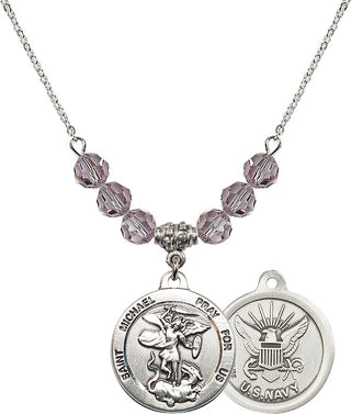 18" Rhodium Plated Necklace with 4mm Light Amethyst Crystal Beads featuring a Sterling Silver Saint Michael / Navy Medal.