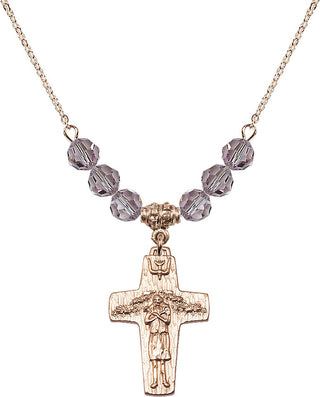 18" Hamilton Gold Plated Necklace with 4mm Light Amethyst Crystal Beads featuring a 14kt Gold Filled Papal Crucifix Medal.