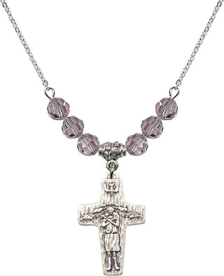 18" Rhodium Plated Necklace with 4mm Light Amethyst Crystal Beads featuring a Sterling Silver Papal Crucifix Medal.