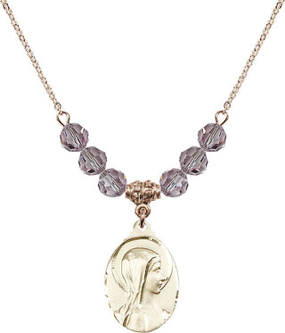 18" Hamilton Gold Plated Necklace with 4mm Light Amethyst Crystal Beads featuring a 14kt Gold Filled Sorrowful Mother Medal.