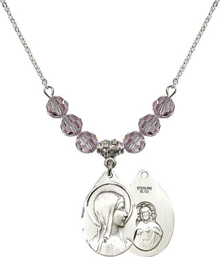 18" Rhodium Plated Necklace with 4mm Light Amethyst Crystal Beads featuring a Sterling Silver Sorrowful Mother Medal.