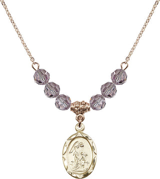 18" Hamilton Gold Plated Necklace with 4mm Light Amethyst Crystal Beads featuring a 14kt Gold Filled Guardian Angel Medal. Engraved Catholic Saint Jewelry