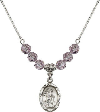 18" Rhodium Plated Necklace with 4mm Light Amethyst Crystal Beads featuring a Sterling Silver Guardian Angel Medal. Engraved Catholic Saint Jewelry