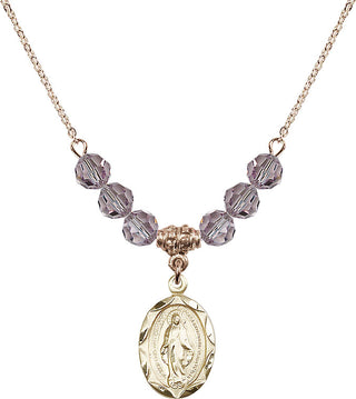 18" Hamilton Gold Plated Necklace with 4mm Light Amethyst Crystal Beads featuring a 14kt Gold Filled Miraculous Medal.