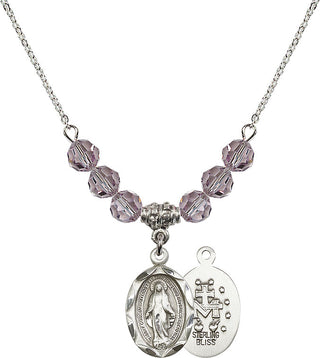 18" Rhodium Plated Necklace with 4mm Light Amethyst Crystal Beads featuring a Sterling Silver Miraculous Medal.