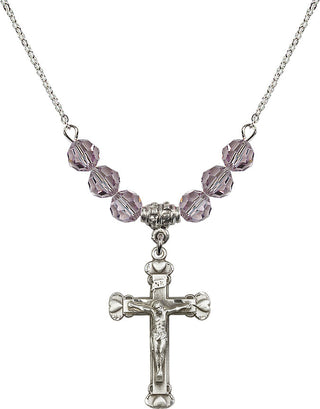 18" Rhodium Plated Necklace with 4mm Light Amethyst Crystal Beads featuring a Sterling Silver Crucifix Medal.