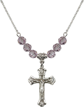 18" Rhodium Plated Necklace with 4mm Light Amethyst Crystal Beads featuring a Sterling Silver Crucifix Medal.