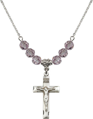 18" Rhodium Plated Necklace with 4mm Light Amethyst Crystal Beads featuring a Sterling Silver Crucifix Medal.