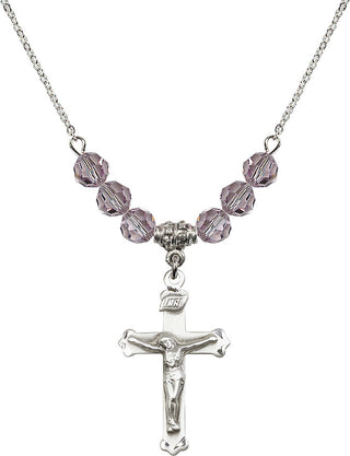 18" Rhodium Plated Necklace with 4mm Light Amethyst Crystal Beads featuring a Sterling Silver Crucifix Medal.