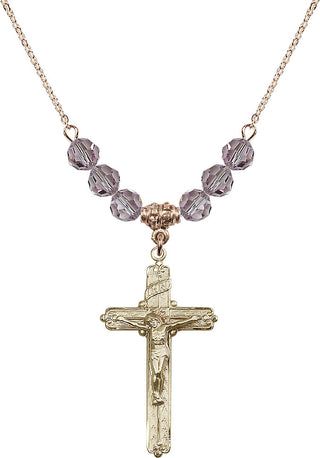 18" Hamilton Gold Plated Necklace with 4mm Light Amethyst Crystal Beads featuring a 14kt Gold Filled Crucifix Medal.