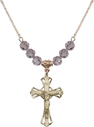 18" Hamilton Gold Plated Necklace with 4mm Light Amethyst Crystal Beads featuring a 14kt Gold Filled Crucifix Medal.