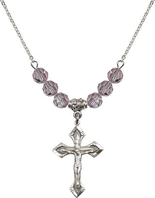 18" Rhodium Plated Necklace with 4mm Light Amethyst Crystal Beads featuring a Sterling Silver Crucifix Medal.