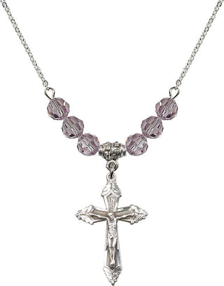 18" Rhodium Plated Necklace with 4mm Light Amethyst Crystal Beads featuring a Sterling Silver Crucifix Medal.