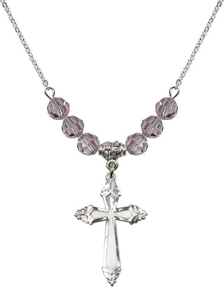 18" Rhodium Plated Necklace with 4mm Light Amethyst Crystal Beads featuring a Sterling Silver Cross Medal.