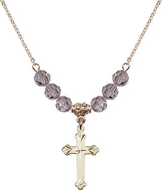 18" Hamilton Gold Plated Necklace with 4mm Light Amethyst Crystal Beads featuring a 14kt Gold Filled Cross Medal.
