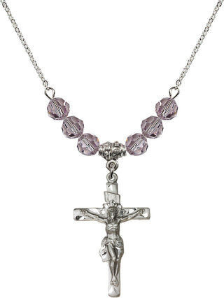 18" Rhodium Plated Necklace with 4mm Light Amethyst Crystal Beads featuring a Sterling Silver Crucifix Medal.