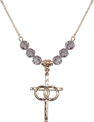 18" Hamilton Gold Plated Necklace with 4mm Light Amethyst Crystal Beads featuring a 14kt Gold Filled Wedding Rings Cross Medal.