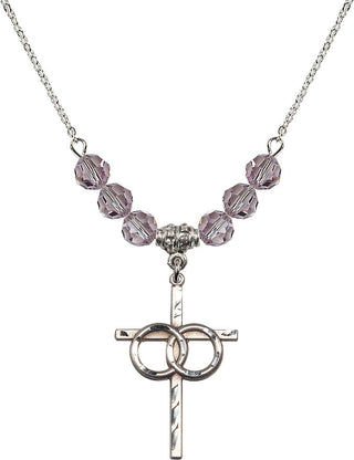 18" Rhodium Plated Necklace with 4mm Light Amethyst Crystal Beads featuring a Sterling Silver Wedding Rings Cross Medal.