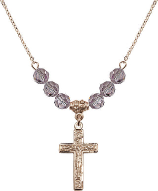 18" Hamilton Gold Plated Necklace with 4mm Light Amethyst Crystal Beads featuring a 14kt Gold Filled Crucifix Medal.