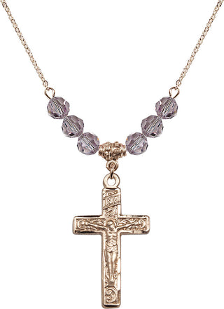 18" Hamilton Gold Plated Necklace with 4mm Light Amethyst Crystal Beads featuring a 14kt Gold Filled Crucifix Medal.