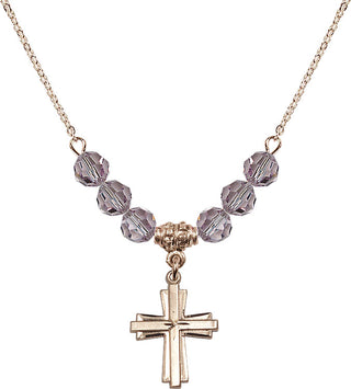 18" Hamilton Gold Plated Necklace with 4mm Light Amethyst Crystal Beads featuring a 14kt Gold Filled Cross Medal.