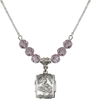 18" Rhodium Plated Necklace with 4mm Light Amethyst Crystal Beads featuring a Sterling Silver Saint Ann Medal. Engraved Catholic Saint Jewelry