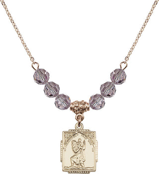 18" Hamilton Gold Plated Necklace with 4mm Light Amethyst Crystal Beads featuring a 14kt Gold Filled Saint Christopher Medal. Engraved Catholic Saint Jewelry