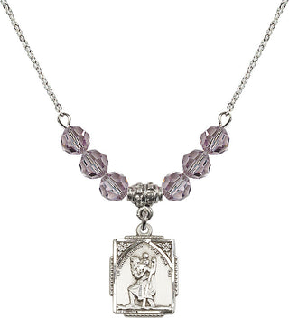 18" Rhodium Plated Necklace with 4mm Light Amethyst Crystal Beads featuring a Sterling Silver Saint Christopher Medal. Engraved Catholic Saint Jewelry