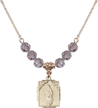 18" Hamilton Gold Plated Necklace with 4mm Light Amethyst Crystal Beads featuring a 14kt Gold Filled Our Lady of Guadalupe Medal. Engraved Catholic Saint Jewelry