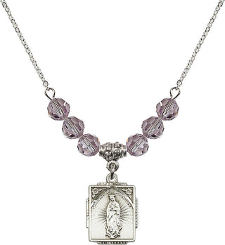 18" Rhodium Plated Necklace with 4mm Light Amethyst Crystal Beads featuring a Sterling Silver Our Lady of Guadalupe Medal. Engraved Catholic Saint Jewelry