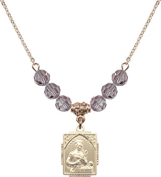 18" Hamilton Gold Plated Necklace with 4mm Light Amethyst Crystal Beads featuring a 14kt Gold Filled Saint Gerard Medal. Engraved Catholic Saint Jewelry
