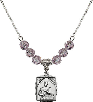 18" Rhodium Plated Necklace with 4mm Light Amethyst Crystal Beads featuring a Sterling Silver Saint Gerard Medal. Engraved Catholic Saint Jewelry