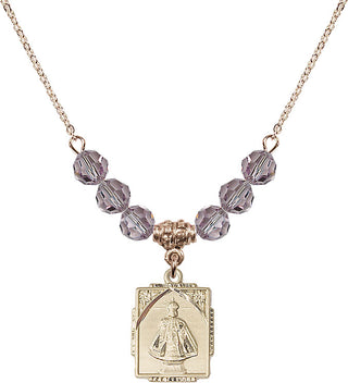 18" Hamilton Gold Plated Necklace with 4mm Light Amethyst Crystal Beads featuring a 14kt Gold Filled Infant of Prague Medal. Engraved Catholic Saint Jewelry