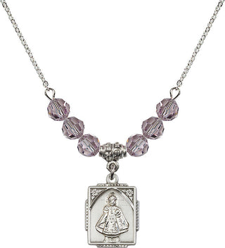 18" Rhodium Plated Necklace with 4mm Light Amethyst Crystal Beads featuring a Sterling Silver Infant of Prague Medal. Engraved Catholic Saint Jewelry