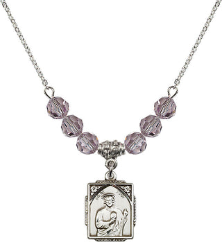 18" Rhodium Plated Necklace with 4mm Light Amethyst Crystal Beads featuring a Sterling Silver Saint Jude Medal. Engraved Catholic Saint Jewelry