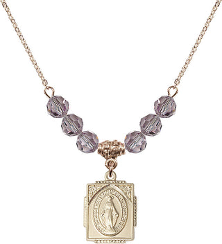 18" Hamilton Gold Plated Necklace with 4mm Light Amethyst Crystal Beads featuring a 14kt Gold Filled Miraculous Medal. Engraved Catholic Saint Jewelry