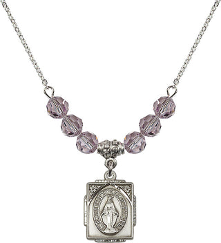18" Rhodium Plated Necklace with 4mm Light Amethyst Crystal Beads featuring a Sterling Silver Miraculous Medal. Engraved Catholic Saint Jewelry