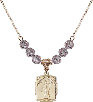 18" Hamilton Gold Plated Necklace with 4mm Light Amethyst Crystal Beads featuring a 14kt Gold Filled Saint Patrick Medal. Engraved Catholic Saint Jewelry